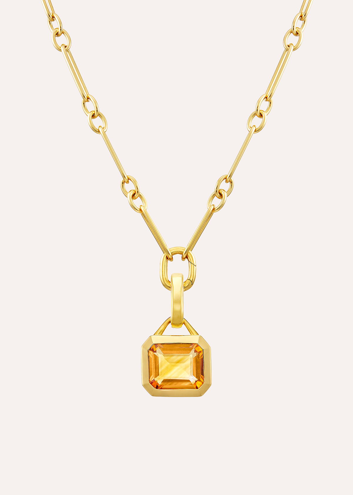 18k gold vermeil rectangular-link necklace with an octagonal orange citrine pendant, front view.