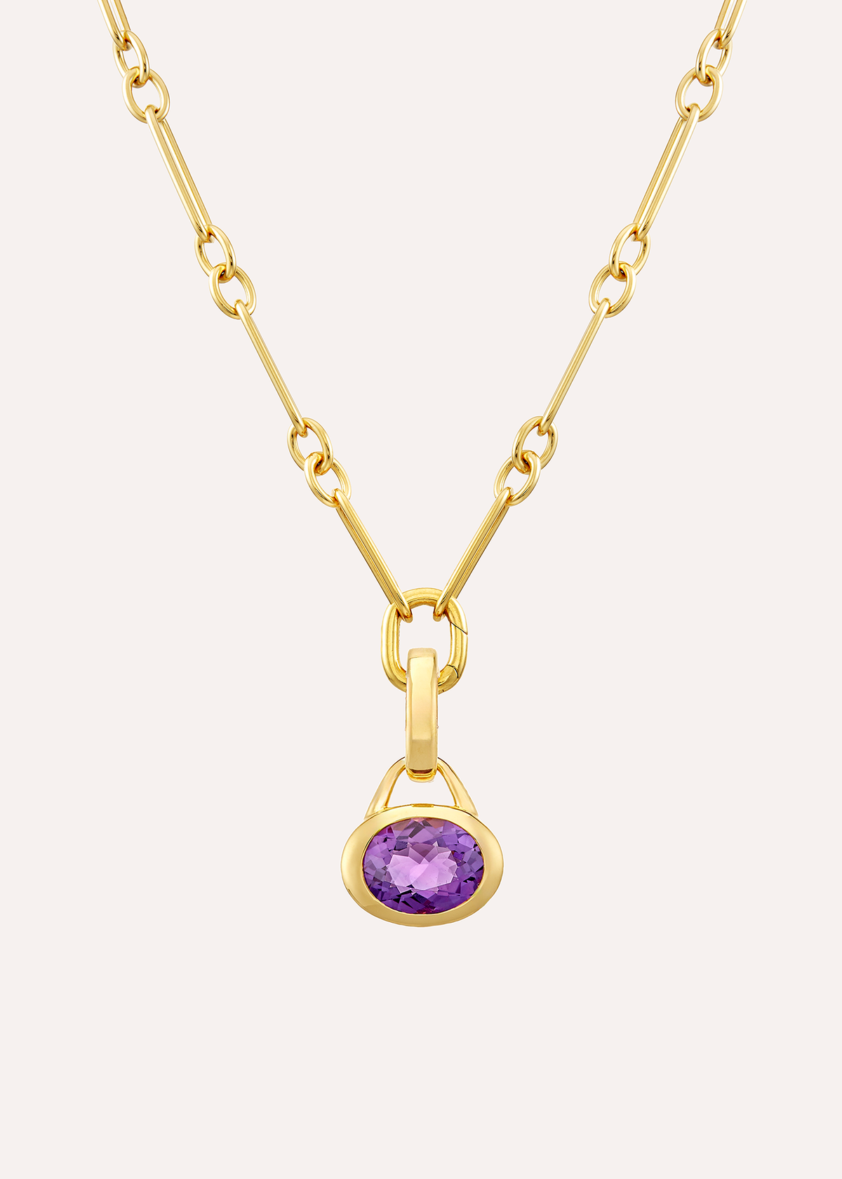 18k gold vermeil rectangular-link necklace with an oval purple amethyst pendant, front view.