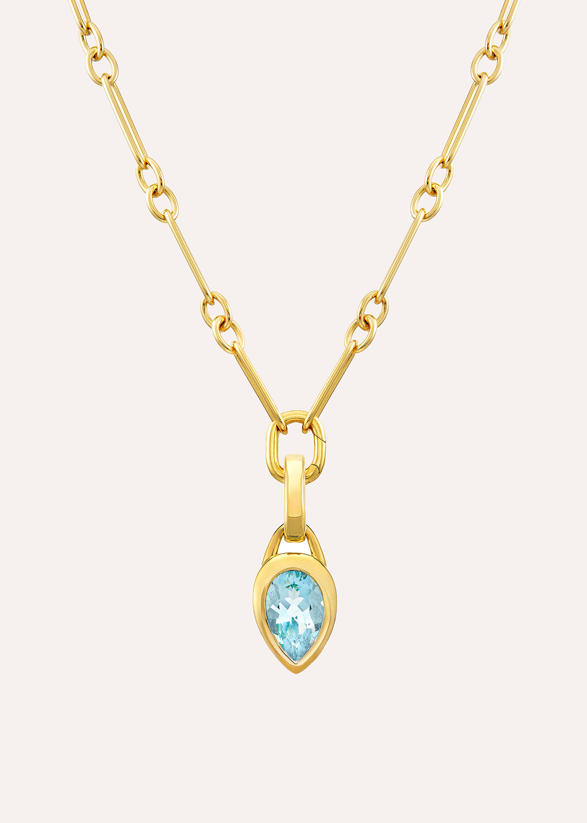 18k gold vermeil rectangular-link necklace with a pear-shaped pale blue topaz pendant, front view.