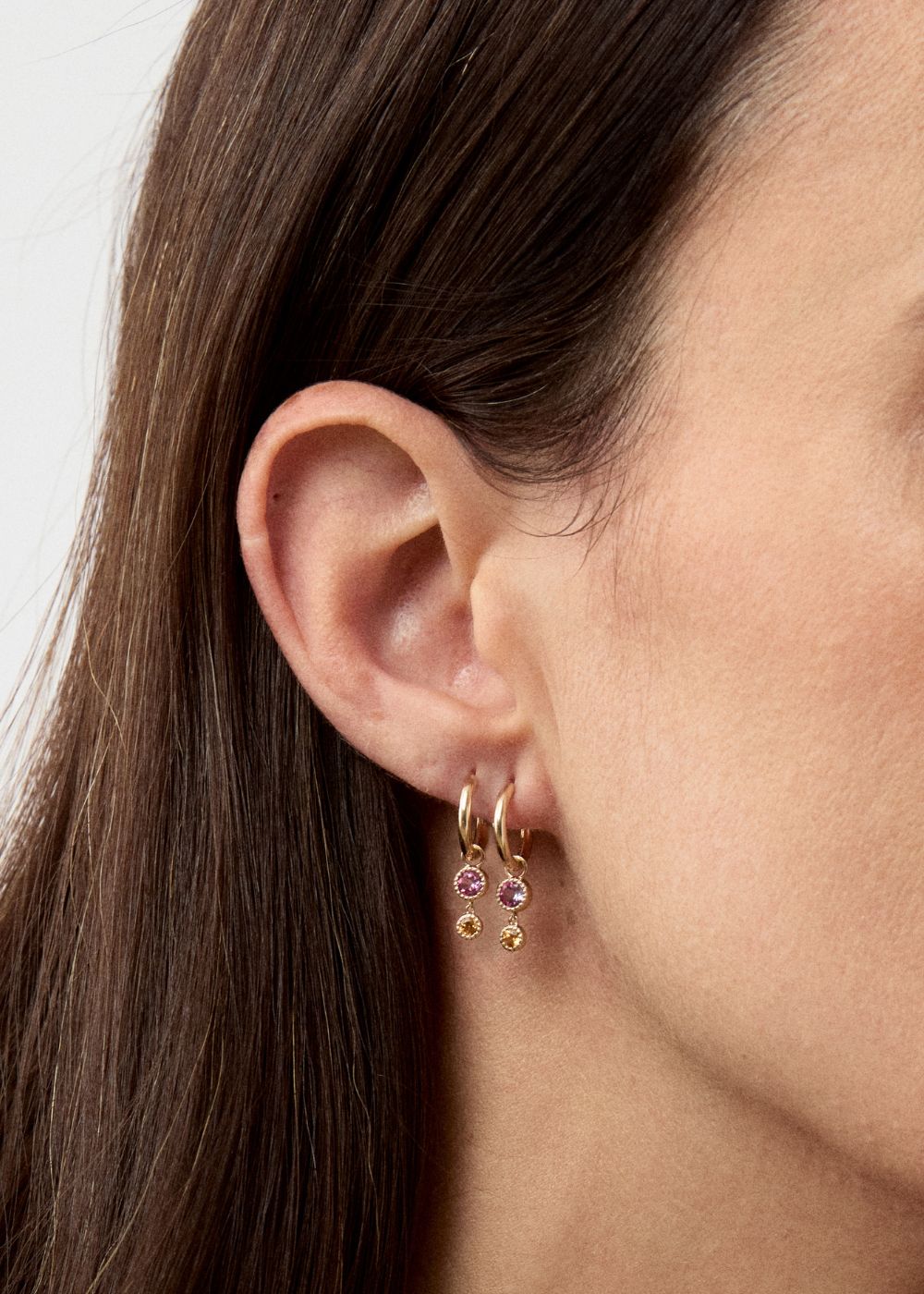 Pink Tourmaline & Orange Garnet Duo Drop Hoop Earrings