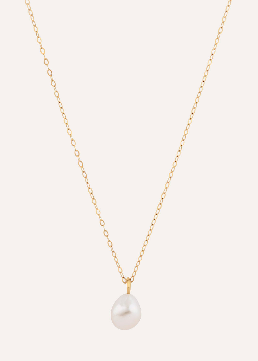 9k yellow gold fine-chain necklace with a single round white freshwater pearl pendant, front view.