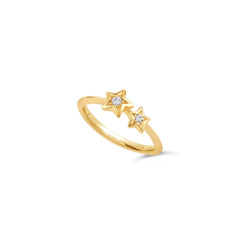 Bijou Solid 14k Gold Duo Star Diamond Pinky Ring