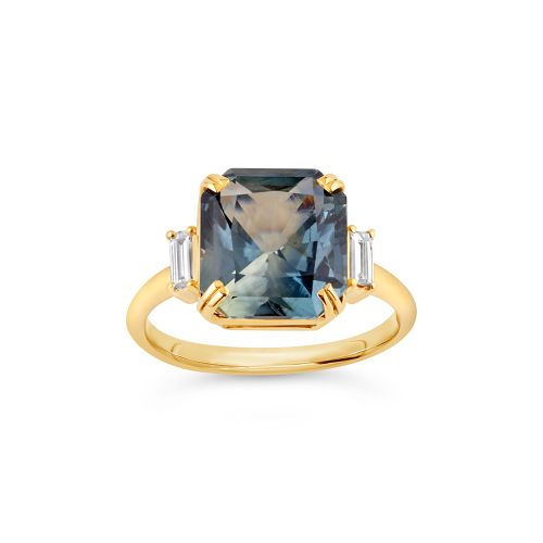 Mae West 18K Yellow Gold Fine Teal Sapphire and Baguette Cut Diamond Ring