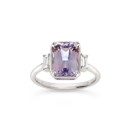Mae West 18K White Gold Fine Lilac Sapphire and Baguette Cut Diamond Ring