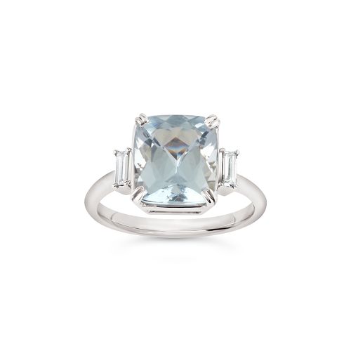 Mae West 18K White Gold Fine Aquamarine and Baguette Cut Diamond Ring