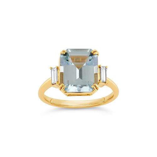 Mae West 18K Yellow Gold Aquamarine & Baguette Cut Diamond Ring