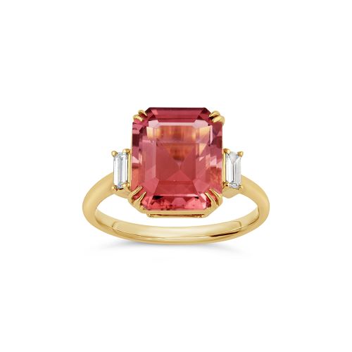 Mae West 18K Yellow Gold Rose Pink Tourmaline & Baguette Cut Diamond Ring