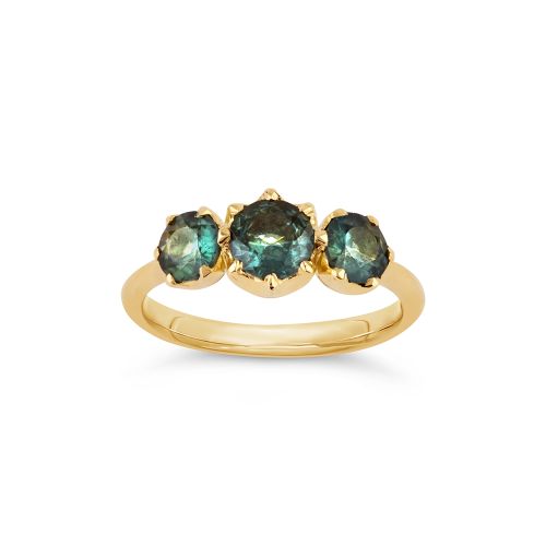 Elyhara 18k Gold Medium Trilogy Teal  Sapphire Ring