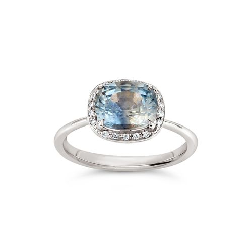 Sheba Cushion 18k White Fine  Light Blue Sapphire and Brilliant Cut Diamond Ring