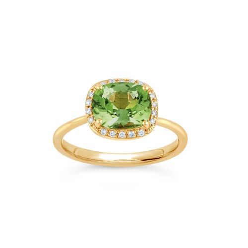Sheba Cushion 18k Gold  Lime Green Tourmaline & Brilliant Cut Diamond Ring 