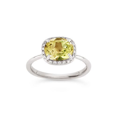 Sheba Cushion 18k White Gold Golden Yellow Tourmaline & Brilliant Cut Diamond Ring