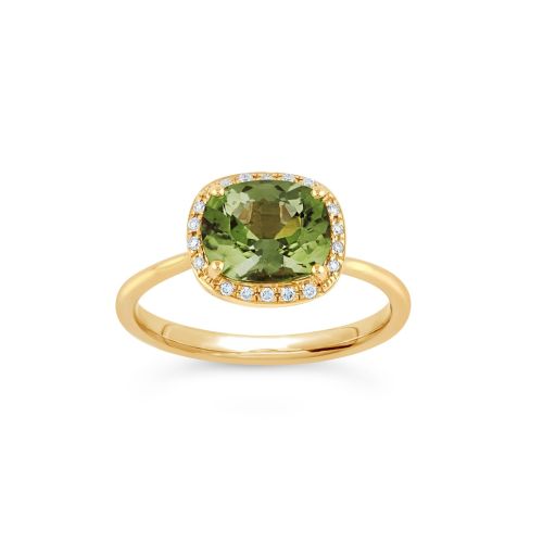 Sheba Cushion 18k Gold Fine Fern Green Tourmaline and Brilliant Cut Diamond Ring 