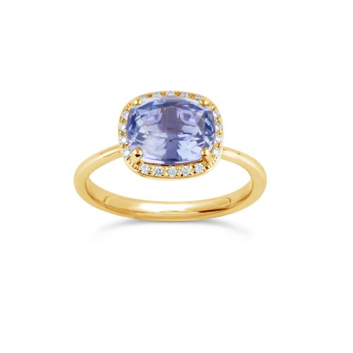 Sheba Cushion 18k Gold Cornflower Blue Sapphire and Brilliant Cut Diamond Ring 