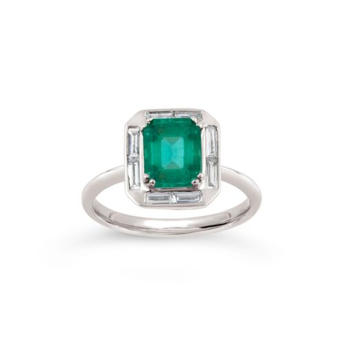 Heni 18k Gold Emerald & Baguette Cut Diamond Ring