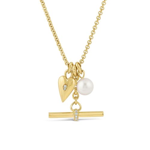 My World T-Bar with Heart & Pearl Charm Cluster Pendant